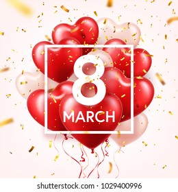 Women's day red background with balloons, heart shape.Confetti and ribbon. Love symbol. March 8. I love you. Spring holiday.
