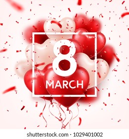 Women's day red background with balloons, heart shape.Confetti and ribbon. Love symbol. March 8. I love you. Spring holiday.