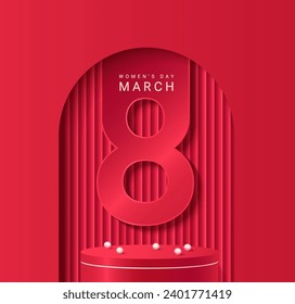 Women's day red greeting card. Round podium with number 8 under arch. Holiday congratulations, scene for gift display presentation. Template for retail,shops,web,social media. Vector for march 8.