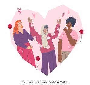 Women's day, women's rights and multiracial diversity ethical concept, vector flat illustration isolated on white. Diverse female characters at heart shaped background.