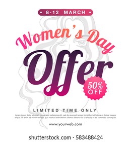 Women's Day Sale with 50% Discount Offer for limited time. Creative Poster, Banner or Flyer design with illustration of a young girl.
