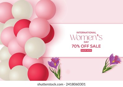 Women's Day Sale 70% Off Red, Pink Balloons,  Elegant Banner Design 