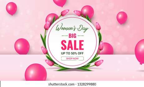 Women's day sale background with 3d balloons and tulips. Vector illustration for Womens day, mothers day, 8 March. Wallpaper, flyer, invitation, poster, banners, discount, shop, market, special offer.