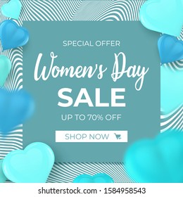 Women's day sale background with 3d balloons. Vector illustration for Womens day, mothers day, 8 March. Template for wallpaper, flyer, invitation, poster, banners, discount, special offer.