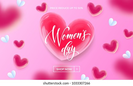 Women's day sale banner with ballon heart background. Vector 8 March sale poster for mother's day sale. International women's day discount offer pink background template for online shop