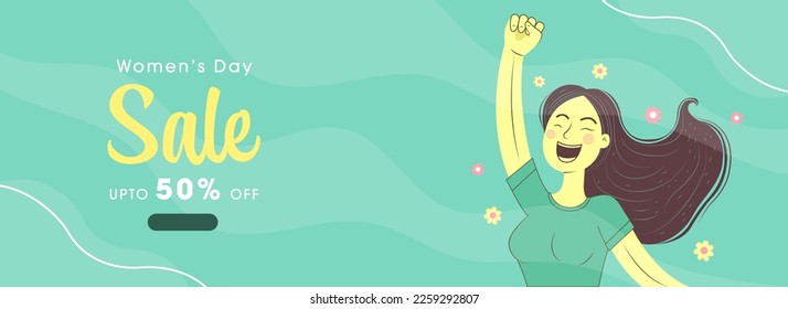 Women's Day Sale Banner Design With Cheerful Young Girl Character Raising Fist On Turquoise Background.