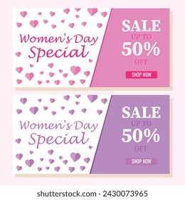 Women's Day Sale Banner Design With Discount Offer. shop seasonal discount offer design template of hearts pattern.