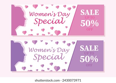 Women's Day Sale Banner Design With Discount Offer. shop seasonal discount offer design template of hearts pattern.
