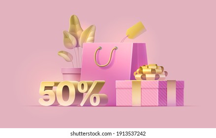 Womens day sale banner with fifty percent discount offer for online shopping, promotion, magazine, site, mobile app. Plant, package, price tag, gift box, gold ribbon on isolated pink background