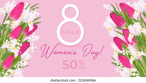 Women's Day sale banner. Flower frame with pink tulips and white irises on pink background. 8 March sale 50% off.