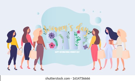 Womens day sale banner. Happy International Women's Day. Girls with presents. Vector illustration