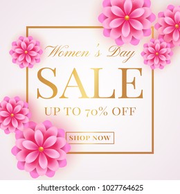 Women's Day sale banner with pink flowers on white background. Flyer template for discounts on 8th of March. Vector illustration.