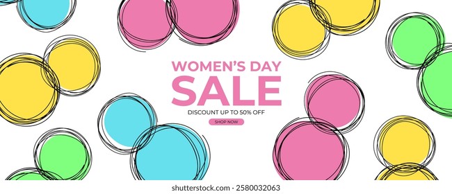 Women's Day Sale commercial banner for International Women's Day holiday shopping promotion. Number 8 hand drawn black outline. Vector illustration.