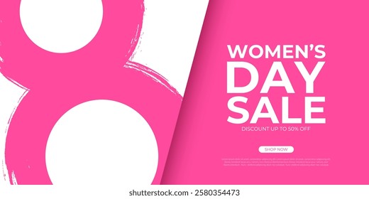 Women's Day Sale commercial banner for International Women's Day holiday shopping promotion. Number 8 brush stroke design. Vector illustration.