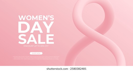 Women's Day Sale commercial banner for International Women's Day holiday shopping promotion. Number 8 shape 3d line design. Vector illustration.