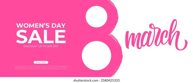 Women's Day Sale commercial banner for International Women's Day holiday shopping promotion. Brush strokes and hand lettering. Pink color. Vector illustration.