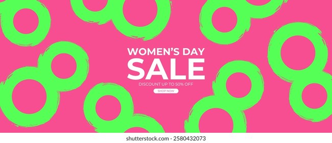 Women's Day Sale commercial banner for International Women's Day holiday shopping promotion. Number 8 shape brush strokes. Vector illustration.