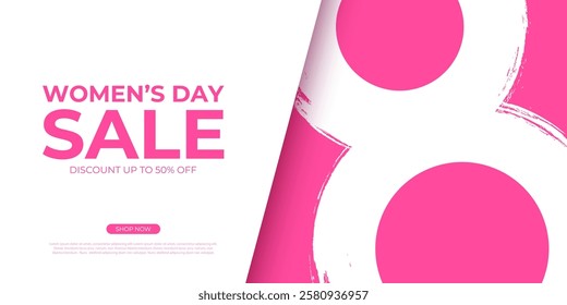 Women's Day Sale commercial banner for International Women's Day holiday shopping promotion. Number 8 brush stroke design. White and pink colors. Vector illustration.