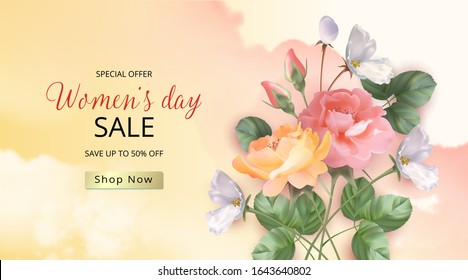Women's Day Day sale discount. 8 March background with flowers. Vector Spring illustration