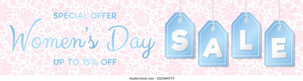 Women's Day Sale - glossy panoramic banner with floral pattern. Vector.