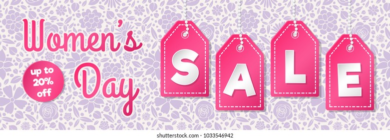 Women's Day Sale - glossy panoramic banner with floral pattern. Vector.