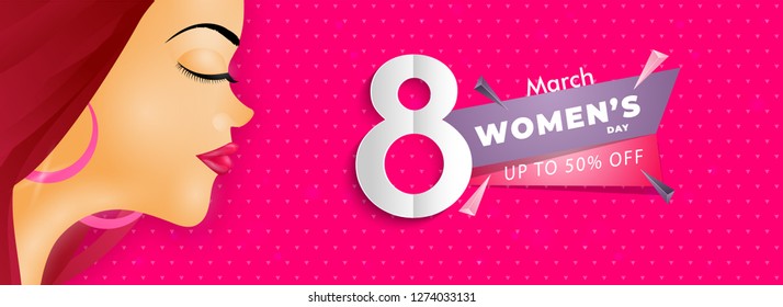 Women's day sale header or banner design with beautiful face of girl and 50% discount offer.