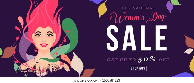 Women's Day Sale Header or Banner Design with 50% Discount Offer and Young Girl Face on Purple Background Decorated with Leaves.