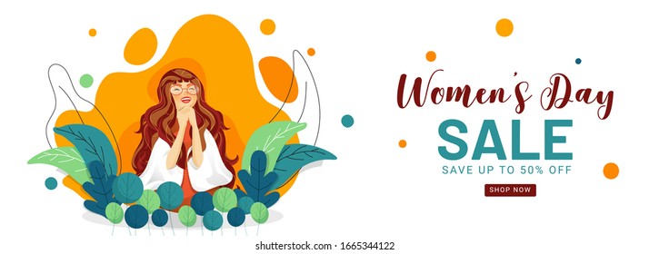 Women's Day Sale Header or Banner Design with 50% Discount Offer and Cheerful Young Girl on Nature Abstract Background.
