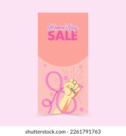 Women's Day Sale Header Or Banner Design With Pop Art Fist Raised Hand With Ribbon Forming 8th Number.