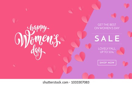 Women's day sale poster or banner for Mother's day holiday shop seasonal discount offer. Vector International Women's Day on 8 March design template of pink hearts pattern on purple pink background