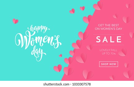 Women's day sale poster banner for Mother's day holiday shop seasonal discount offer  Vector International Women's Day 8 March design template pink hearts pattern green   pink background