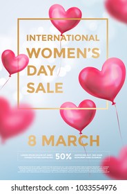 Women's day sale poster banner of red heart balloons in light shine on blue background. Vector Women's day sale golden text for holiday shop discount design template of heart air ballons on 8 March