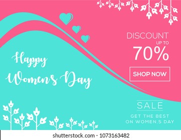 Women's day sale poster or banner vector for Mother's day holiday shop seasonal discount offer. International Women's Day on 8 March design template of pink hearts pattern on pink and teal background