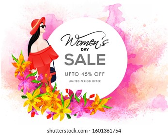 Women's Day Sale Poster Design with 45% Discount Offer, Flowers and Modern Young Girl on Abstract Watercolor Splash Background.