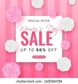 Women's Day Sale Poster Design with 50% Discount Offer and Paper Cut Flowers Decorated on Pink Strip Background.