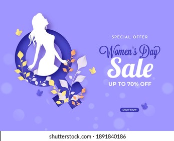 Women's Day Sale Poster Design With 70% Discount Offer, Silhouette Female And Leaves On Purple Paper Cut Venus Sign Background.