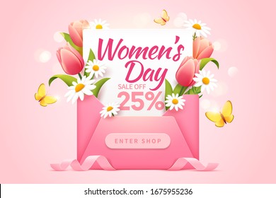 Women's Day sale template with 25 percent discount decorated by a cute pink envelope and lovely flowers