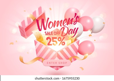 Women's Day sale template with design concept of opening a surprising gift, decorated by cute balloons and additional coupons