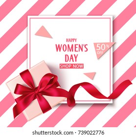 Women's day sale template with discount 50 persent. Decorative gift box with red bow and long ribbon top view. Vector holiday background