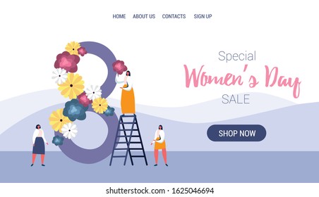 Women's day sale template for online shop landing page. Women put flowers on number 8.- symbol of the holiday. Flat vector illustration
