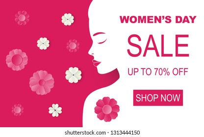 Women's Day sale vector banner with silhouette of lady and paper flower in pink background for International Women's Day for greeting card, posters, banners, sale design,web marketing.
