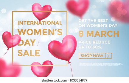 Women's day sale web banner of red heart balloons in light shine on blue background. Vector Women's day sale golden text for holiday shop discount promo design template of heart air ballons on 8 March