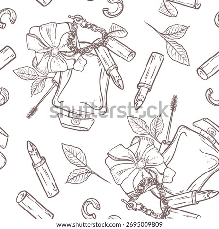 Women's Day Seamless Pattern Black White Vector. Monochrome repeat design with perfume flacons, gift box, lipsticks and botanical elements in line art. Outline pattern for packaging March 8th.