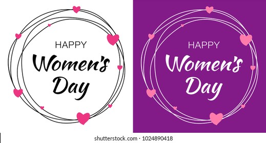 Womens Day set of design greeting cards and typographic lettering with scribble circle isolated on white background with pink hearts. Women's Day vector Illustration.