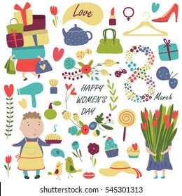 Women's day set with flowers, a girl holding packs and gift boxes, a girl holding a bouquet of tulips, a man with a cake, flowers, birds, hearts and different girlish things in cartoon style