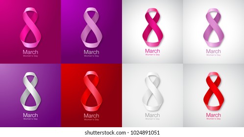 Womens Day set Paper Design of greeting card templates. March 8. International Women's day Realistic symbol of colorful ribbon on bright backgrounds. Vector illustration.
