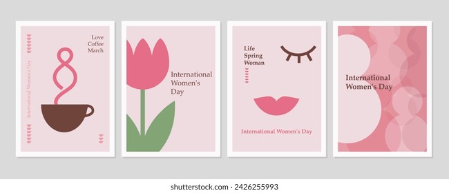 Womens day set posters or cards. Cute greetin illustrations set in flat style.