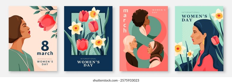 Womens day set vector background. 8 march poster with woman faces, spring flowers bouquet, typography invitation. Different girls support together. Feminism concept design.