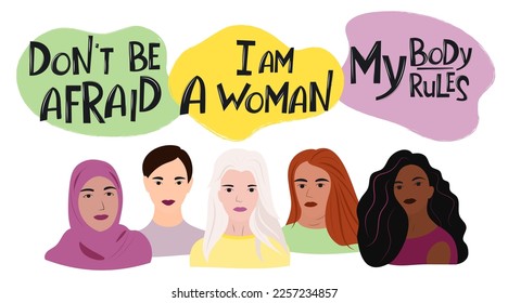 Women's Day. Set of women. International group of feminists. Freedom, equality and independence. Illustraition on the topic of female labor, power and feminism. 