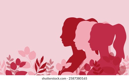 Women's Day silhouettes pink background with copy sapce. Woman sign illustration, International women's day concept, Women’s Day Greeting Cards, poster, banner. Vector illustration, pink background